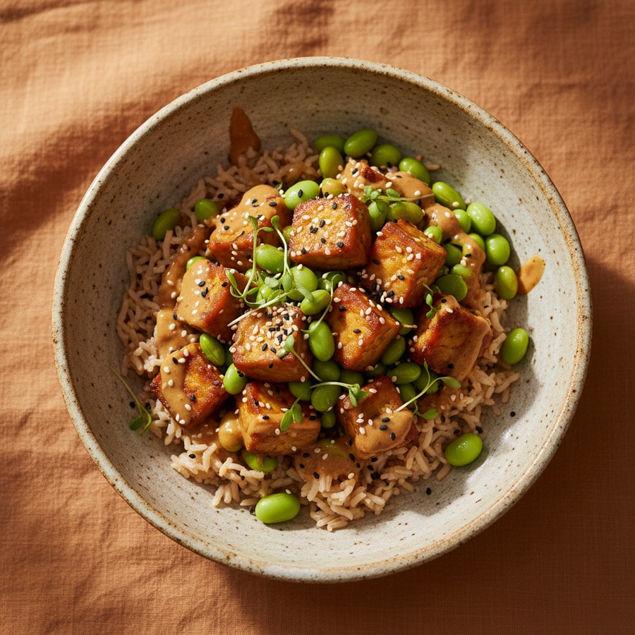 Bowl energético de tempeh y edamame